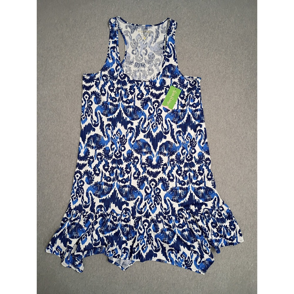 Lilly Pulitzer NWT Hampton Dress Beach Bathers Blue White Pima Cotton Ruffle L
